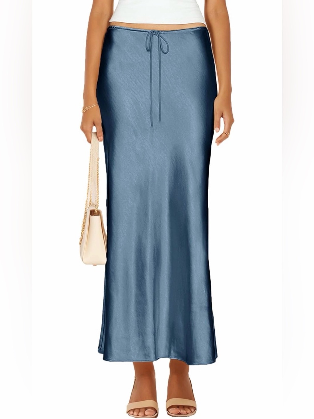 Blue Satin Maxi Skirt with Drawstring Waist
